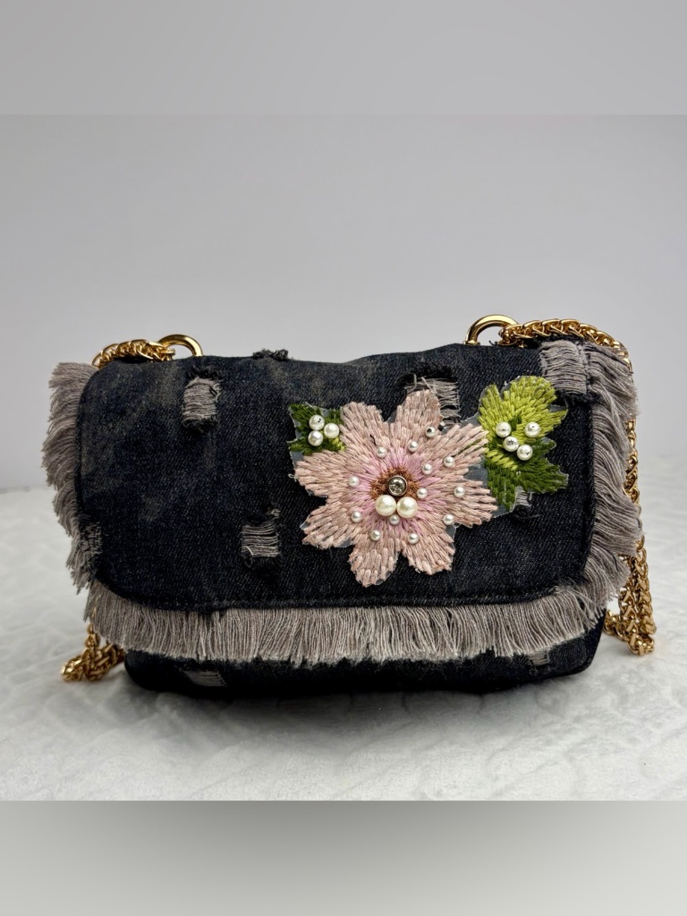 Distressed Y2K Boho inspired black Denim bag with pink 3D embroidered flower - Picture 8 of 10
